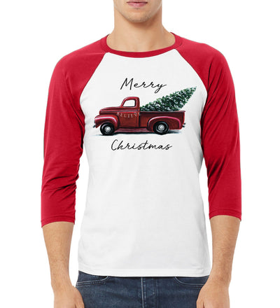 Merry Christmas Red Pick up Truck Christmas 3/4 Sleeve Raglan Unisex Baseball Tee