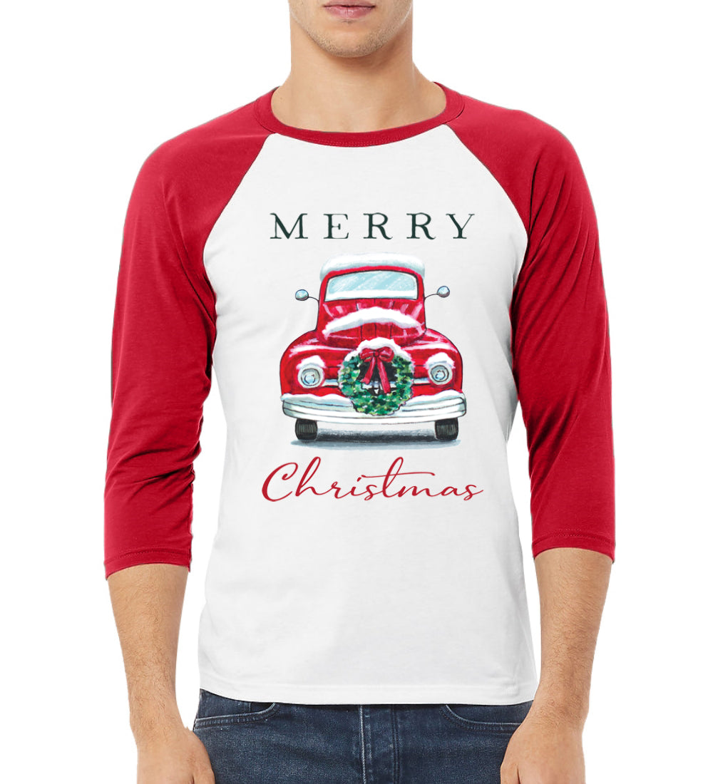 Merry Christmas Red Car with Xmas Garland Christmas 3/4 Sleeve Raglan Unisex Baseball Tee