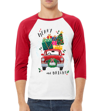 Merry and Bright Red Car Christmas 3/4 Sleeve Raglan Unisex Baseball Tee