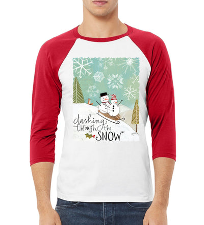 Dashing Through the Snow Snowmen Christmas 3/4 Sleeve Raglan Unisex Baseball Tee