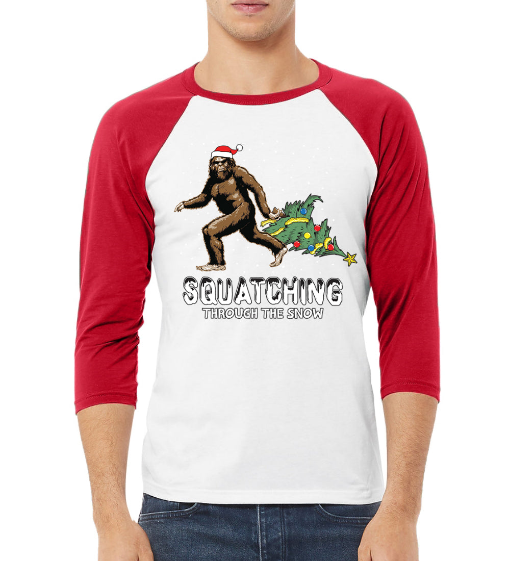 Squatching Through the Snow Bigfoot Christmas 3/4 Sleeve Raglan Unisex Baseball Tee