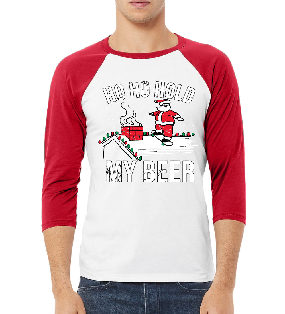 Ho Ho Hold my Beer Skateboarding Santa Ugly Christmas Sweater Christmas 3/4 Sleeve Raglan Unisex Baseball Tee