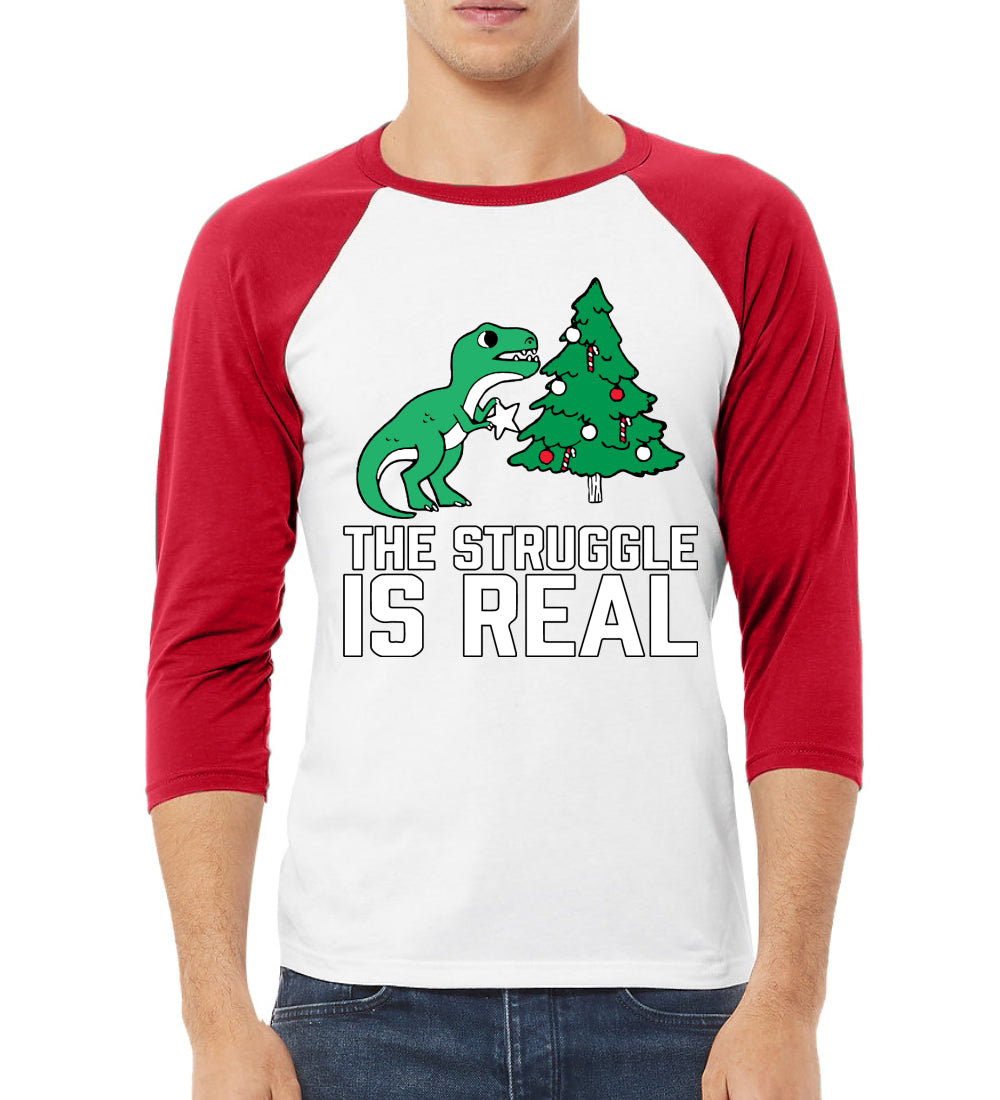 Christmas Trex The Struggle is Real Ugly Christmas Sweater Christmas 3/4 Sleeve Raglan Unisex Baseball Tee