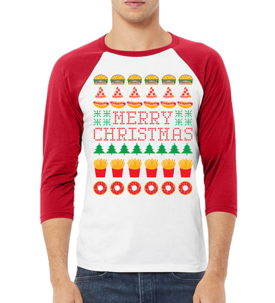 Merry Christmas Funny Junk Food Desert Foods Pizza Burger French Fries Christmas 3/4 Sleeve Raglan Unisex Baseball Tee