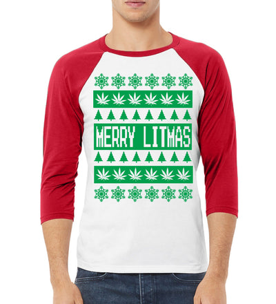 Merry Litmas Funny Weed Pot Leaf Marijuana Xmas Christmas 3/4 Sleeve Raglan Unisex Baseball Tee