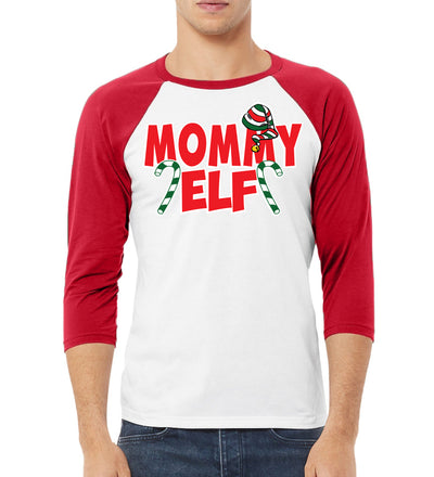 Mommy Elf Candy Cane Logo Christmas 3/4 Sleeve Raglan Unisex Baseball Tee