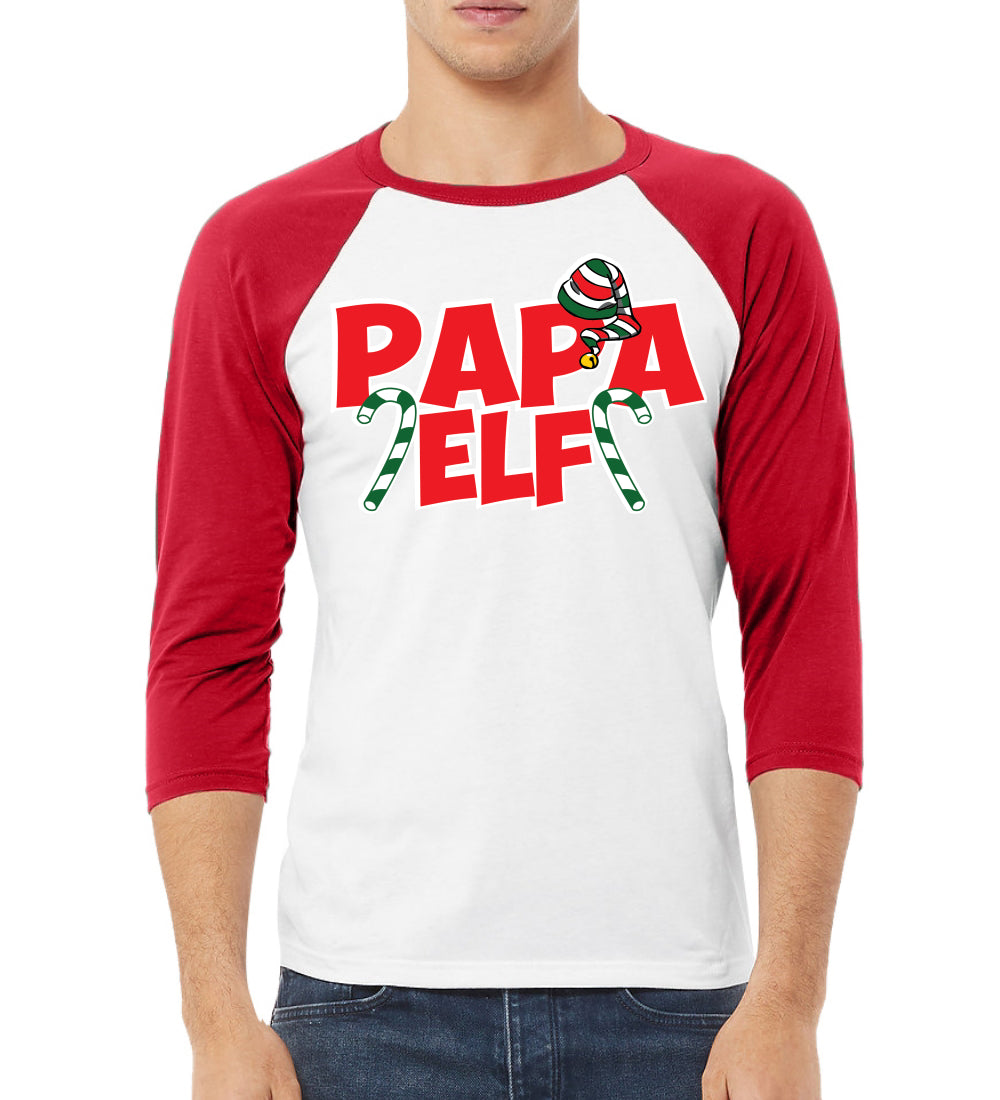 Papa Elf Candy Cane Logo Christmas 3/4 Sleeve Raglan Unisex Baseball Tee