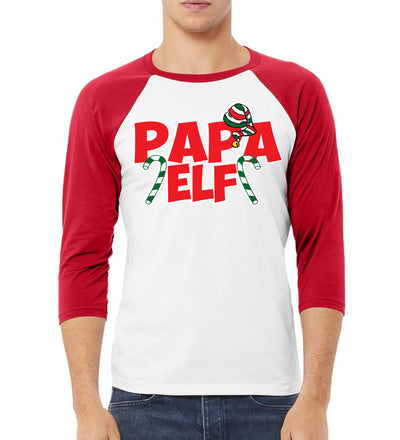 Papa Elf Candy Cane Logo Christmas 3/4 Sleeve Raglan Unisex Baseball Tee