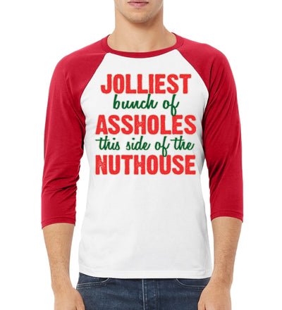 Jolliest Bunch of Assholes Nuthouse Christmas Vacation Christmas 3/4 Sleeve Raglan Unisex Baseball Tee