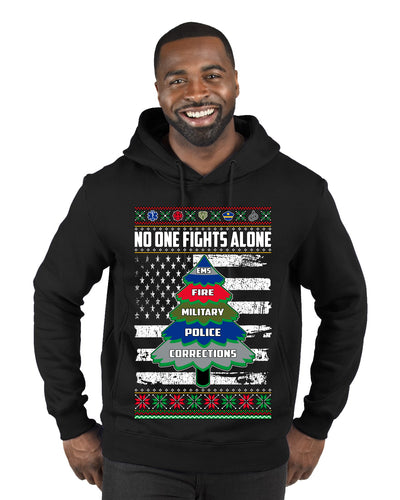 No One Fights Alone Holiday First Responder Police Fire Emt Ugly Christmas Sweater Premium Graphic Hoodie Sweatshirt