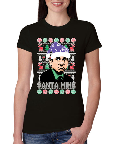 Santa Mike Michael Scott The Office Ugly Christmas Sweater Womens Slim Fit Junior Tee