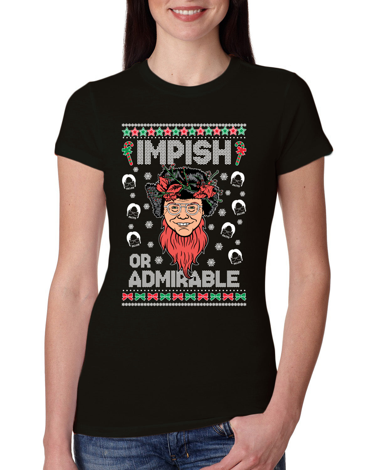 Impish or Admirable Dwight Schrute Ugly Christmas Sweater Womens Slim Fit Junior Tee