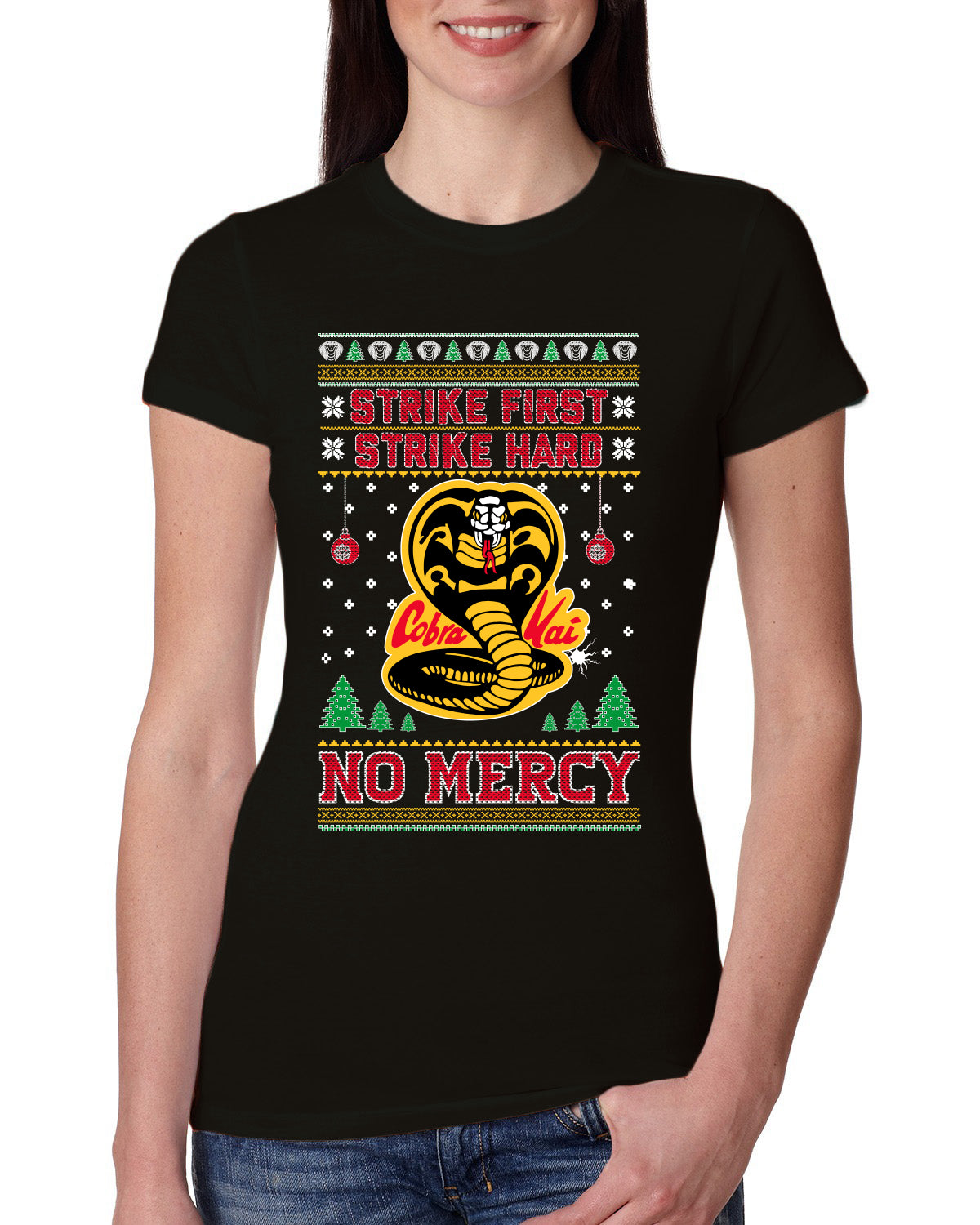 Strike First Strike Hard No Mercy Xmas Ugly Christmas Sweater Womens Slim Fit Junior Tee