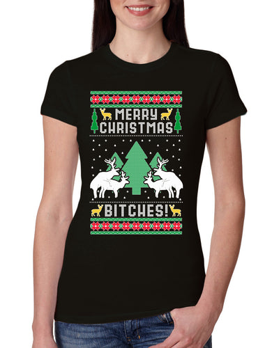 Merry Christmas Bitches Ugly Christmas Sweater Womens Slim Fit Junior Tee