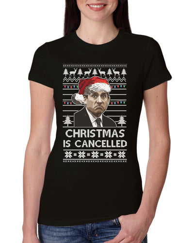 Christmas Is Cancelled Michael Scott Office Ugly Christmas Sweater Womens Slim Fit Junior Tee