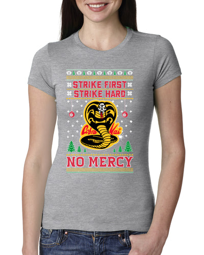 Strike First Strike Hard No Mercy Xmas Ugly Christmas Sweater Womens Slim Fit Junior Tee
