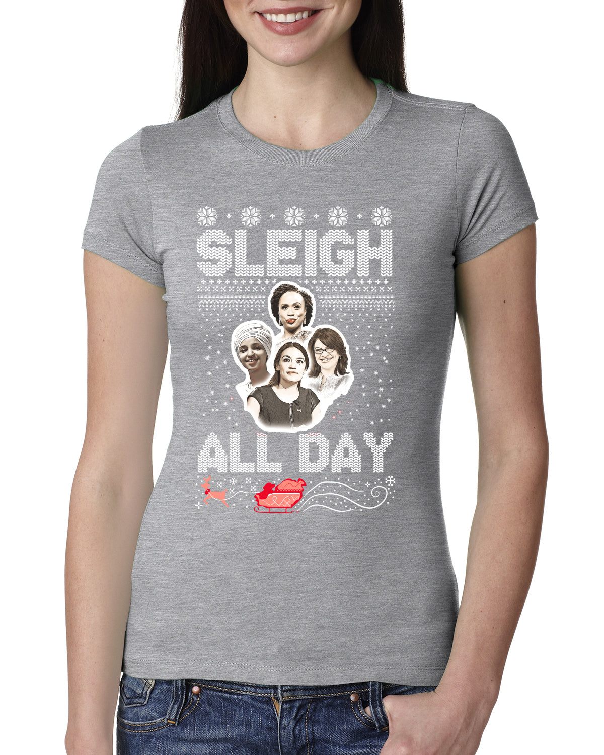 AOC The Squad Congresswomen Sleigh All Day Xmas Ugly Christmas Sweater Womens Slim Fit Junior Tee