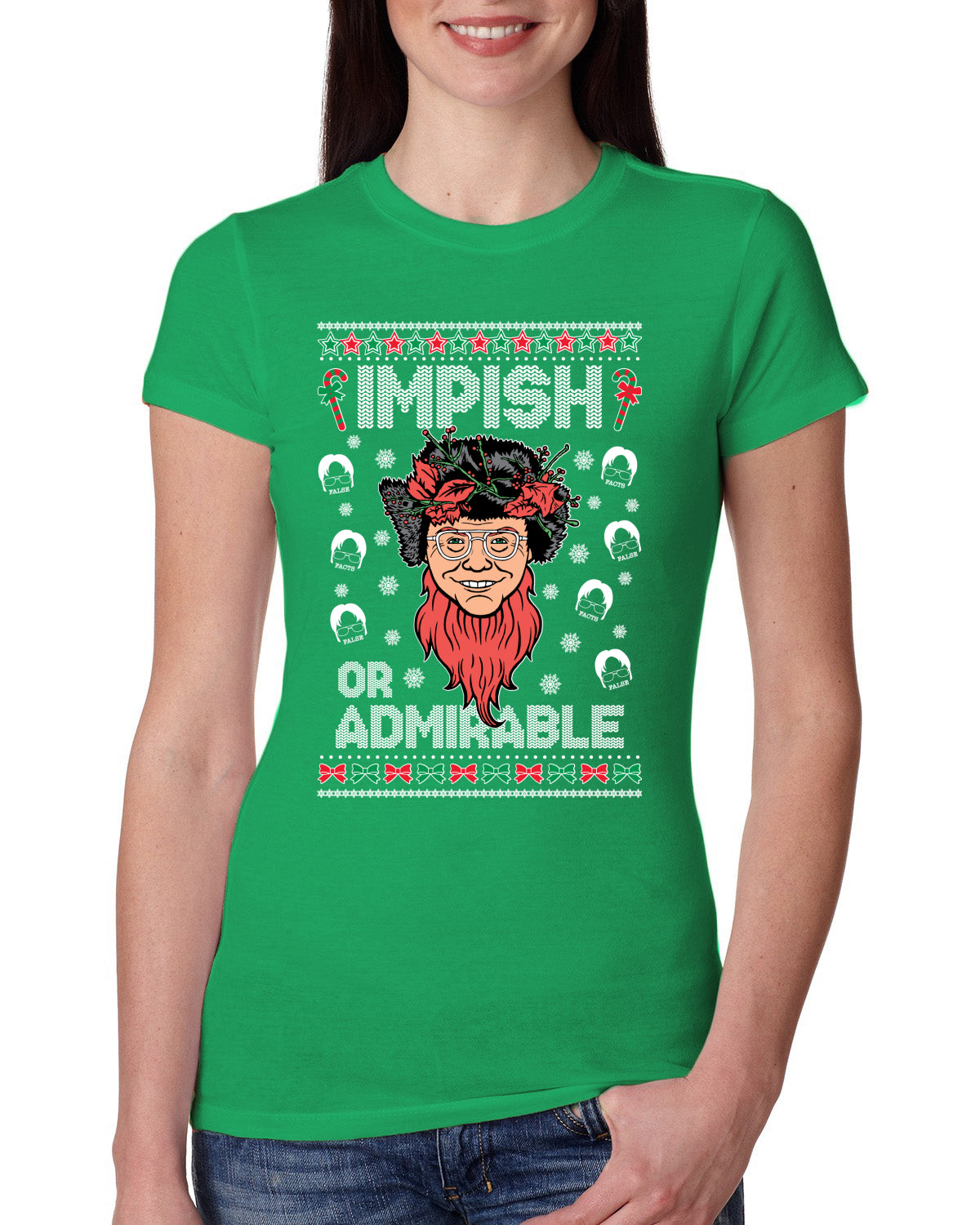 Impish or Admirable Dwight Schrute Ugly Christmas Sweater Womens Slim Fit Junior Tee