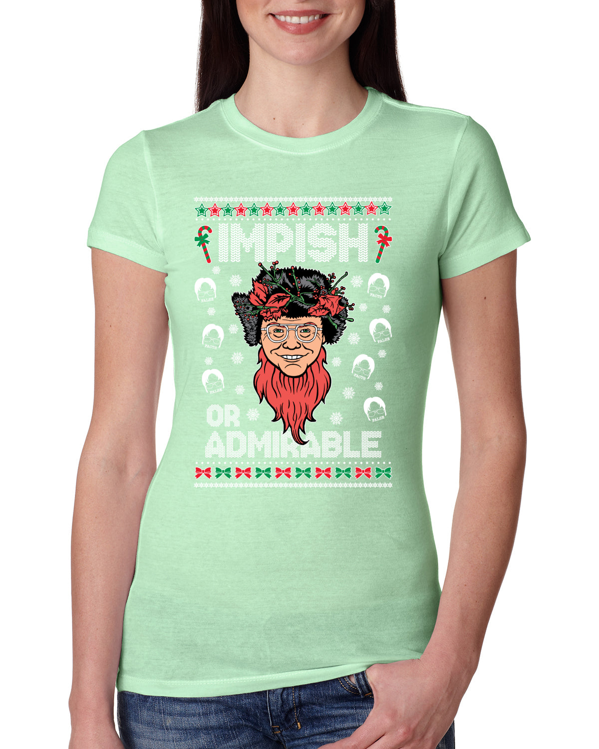 Impish or Admirable Dwight Schrute Ugly Christmas Sweater Womens Slim Fit Junior Tee