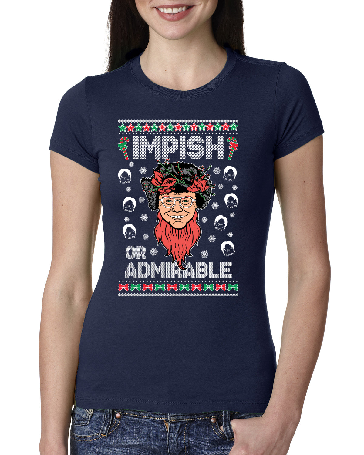Impish or Admirable Dwight Schrute Ugly Christmas Sweater Womens Slim Fit Junior Tee