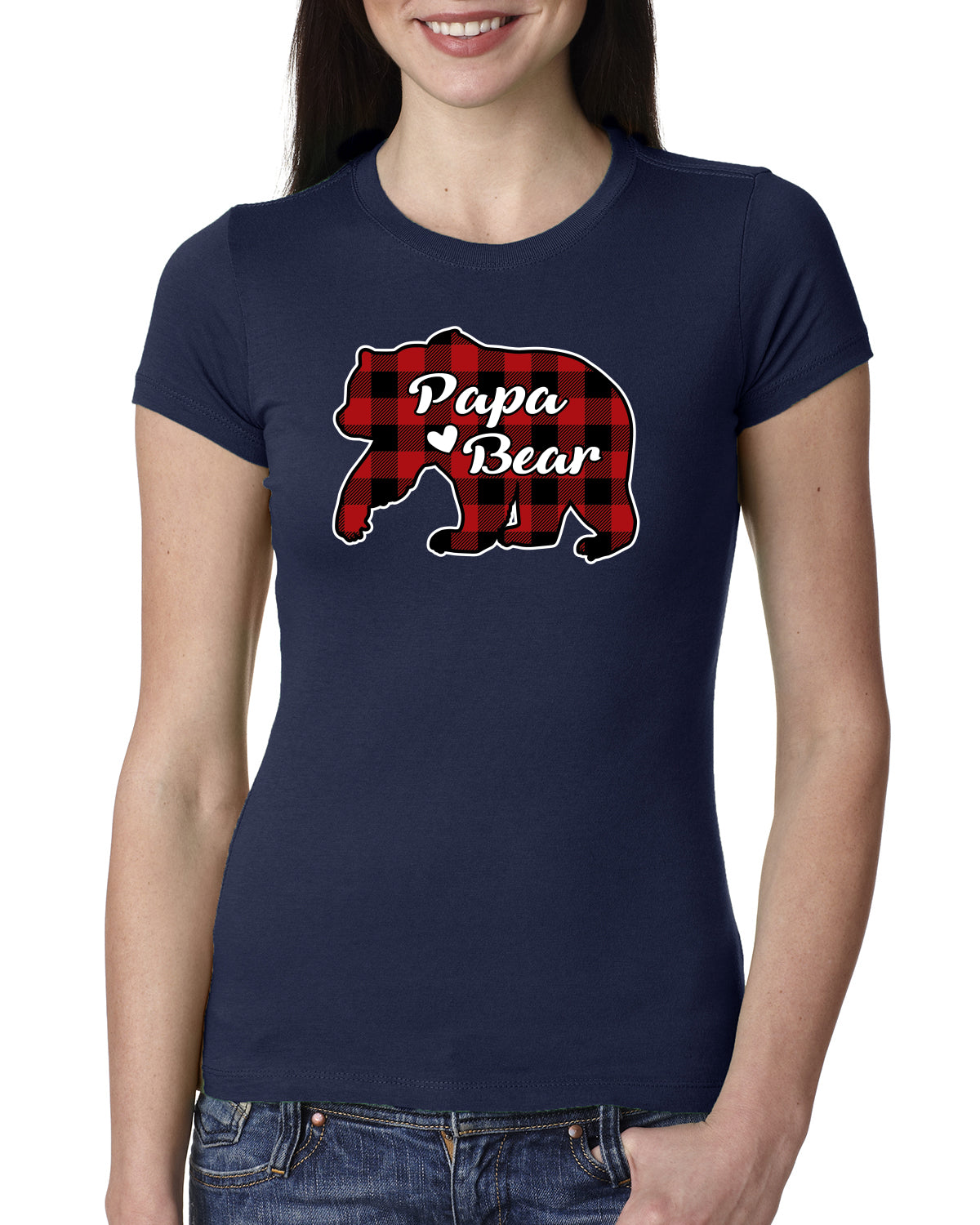 Papa Bear Cool Plaid Matching Design Christmas Womens Slim Fit Junior Tee