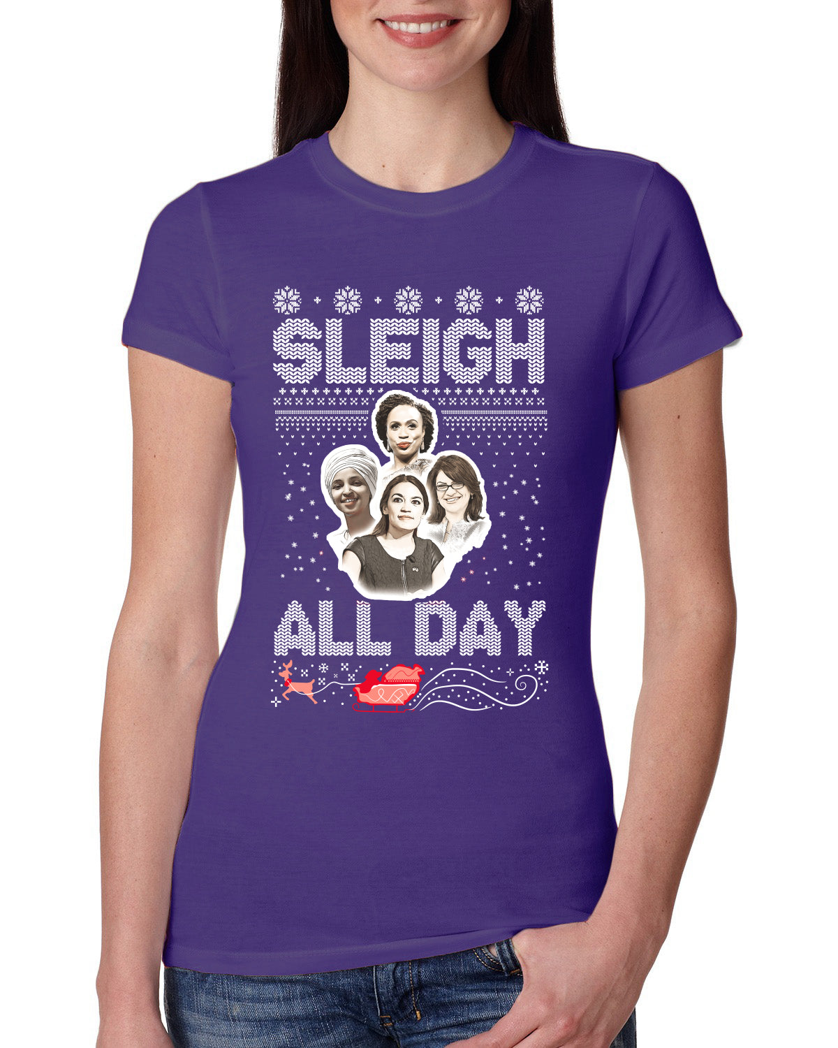 AOC The Squad Congresswomen Sleigh All Day Xmas Ugly Christmas Sweater Womens Slim Fit Junior Tee