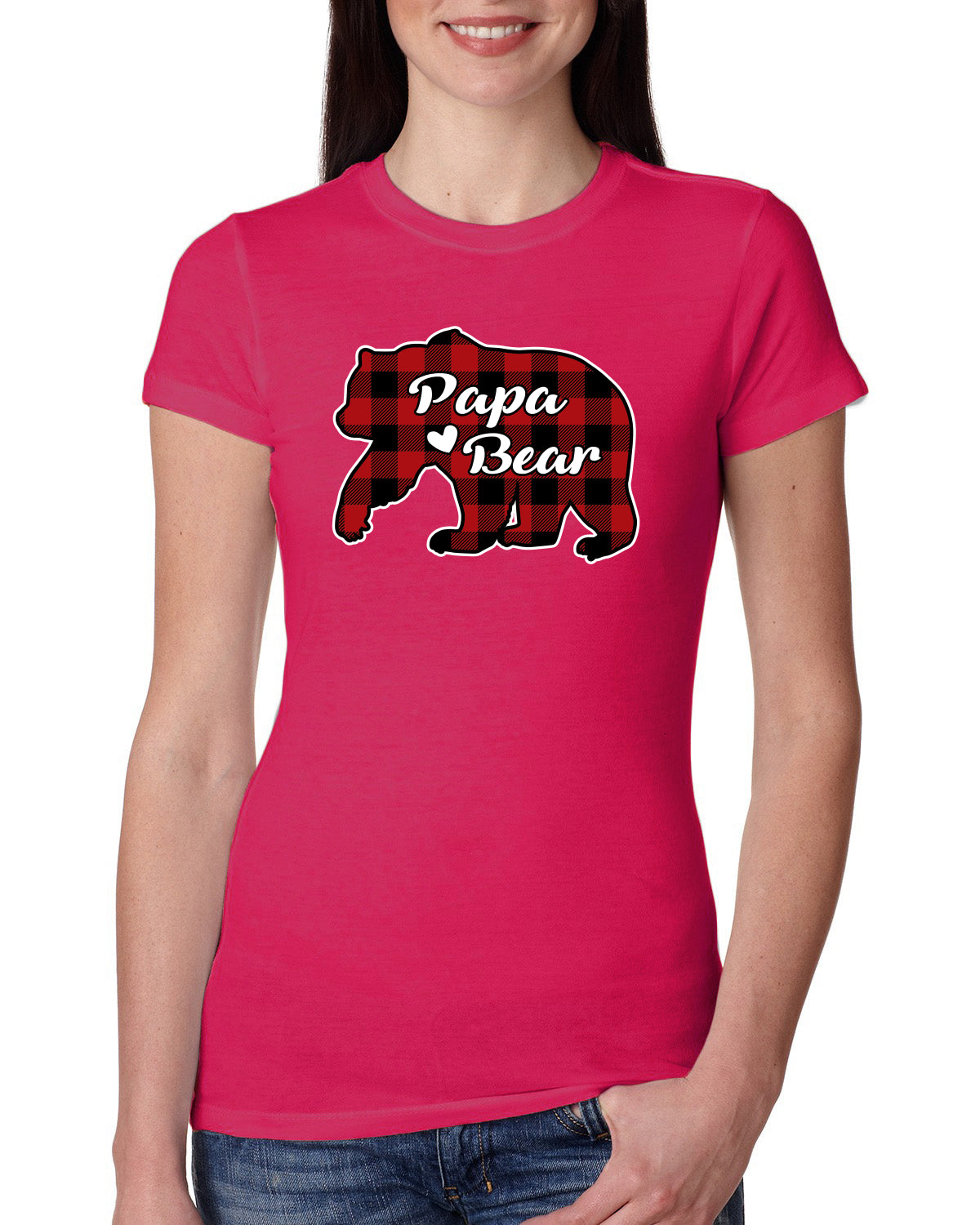Papa Bear Cool Plaid Matching Design Christmas Womens Slim Fit Junior Tee