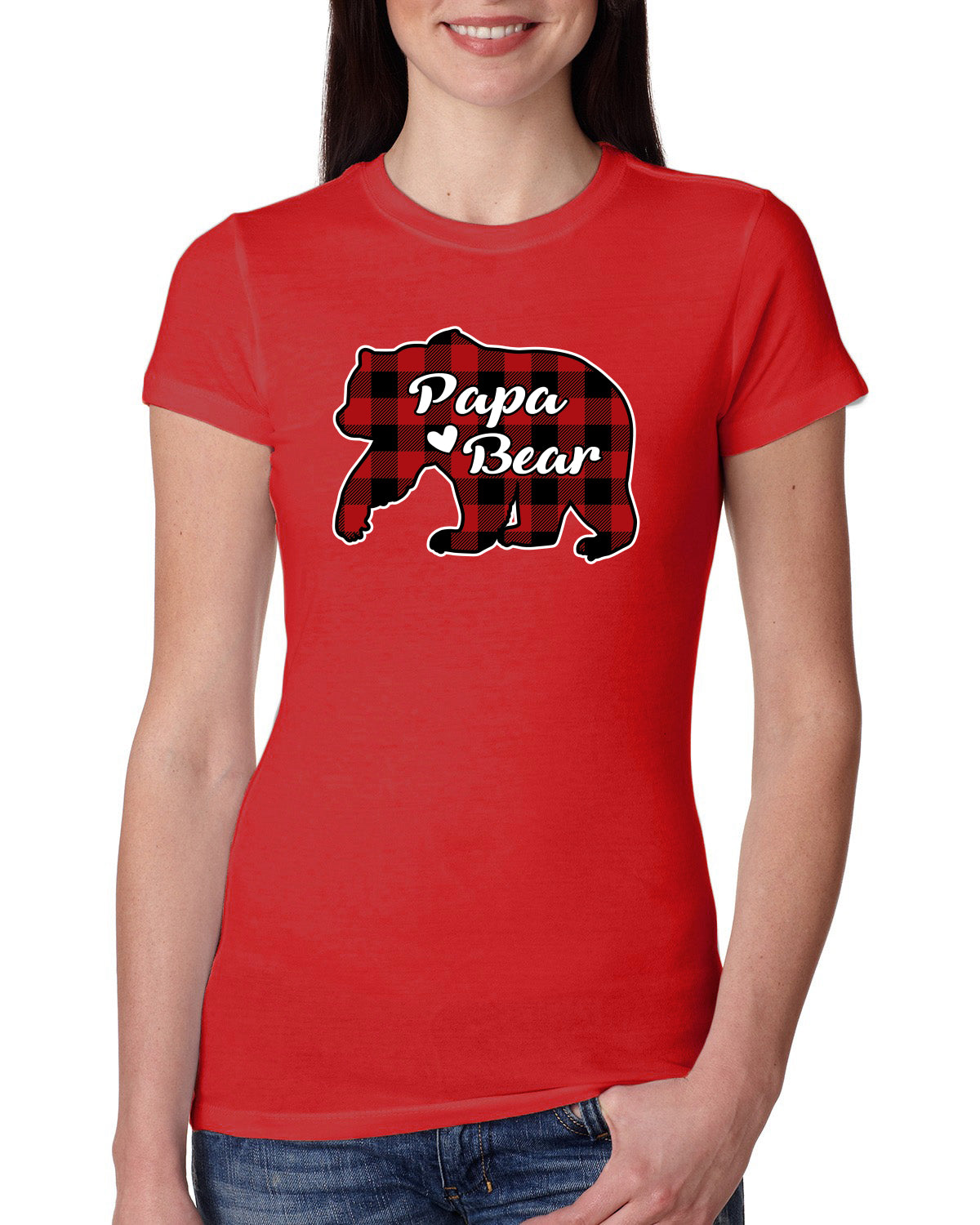 Papa Bear Cool Plaid Matching Design Christmas Womens Slim Fit Junior Tee