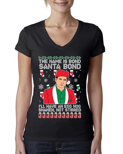 Michael Scott The Name is Bond Santa Bond Ugly Christmas Sweater Womens Junior Fit V-Neck Tee