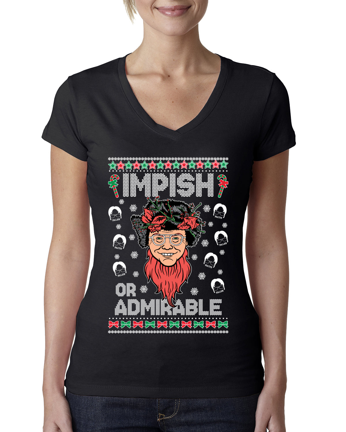 Impish or Admirable Dwight Schrute Ugly Christmas Sweater Womens Junior Fit V-Neck Tee
