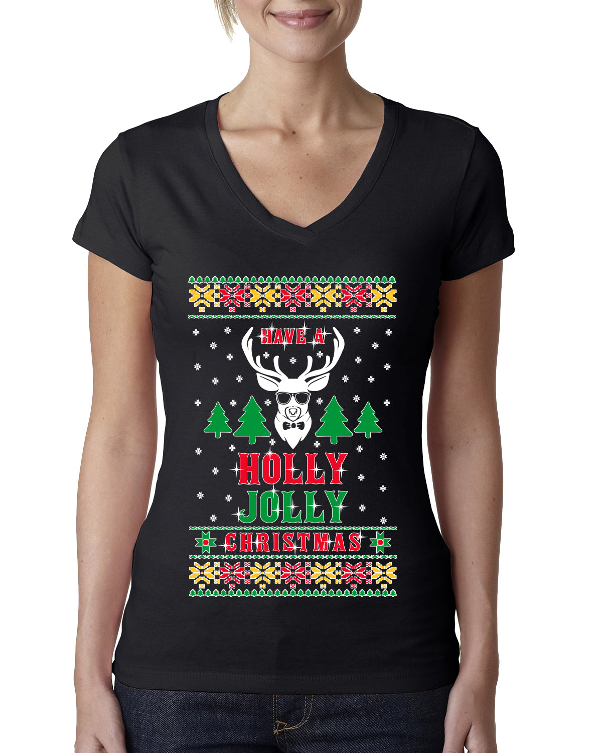 Have A Holly Jolly Christmas Ugly Christmas Sweater Womens Junior Fit V-Neck Tee