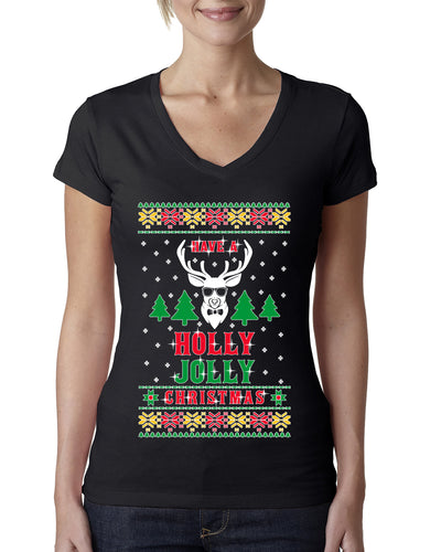 Have A Holly Jolly Christmas Ugly Christmas Sweater Womens Junior Fit V-Neck Tee