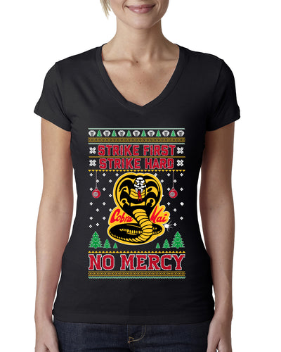 Strike First Strike Hard No Mercy Xmas Ugly Christmas Sweater Womens Junior Fit V-Neck Tee