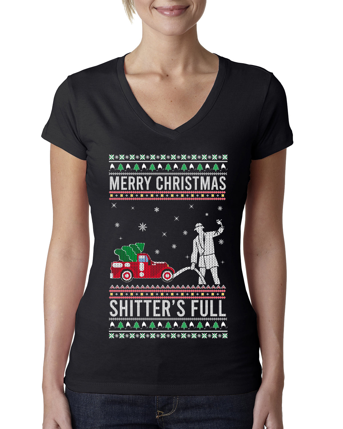 Merry Christmas Shitter's Full Christmas Vacation Ugly Christmas Sweater Womens Junior Fit V-Neck Tee