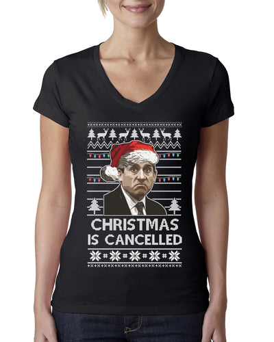 Christmas Is Cancelled Michael Scott Office Ugly Christmas Sweater Womens Junior Fit V-Neck Tee