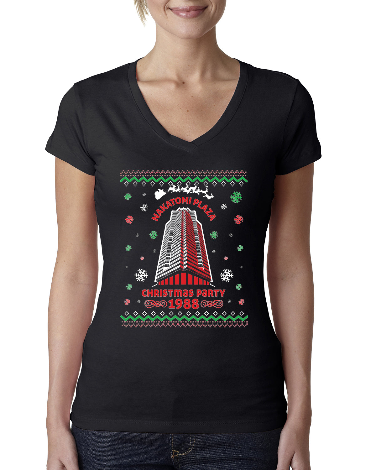 Nakatomi Plaza Christmas Party 1988 Ugly Christmas Sweater Womens Junior Fit V-Neck Tee