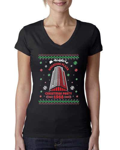 Nakatomi Plaza Christmas Party 1988 Ugly Christmas Sweater Womens Junior Fit V-Neck Tee