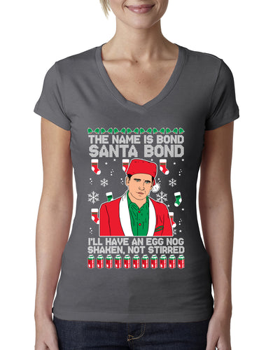 Michael Scott The Name is Bond Santa Bond Ugly Christmas Sweater Womens Junior Fit V-Neck Tee
