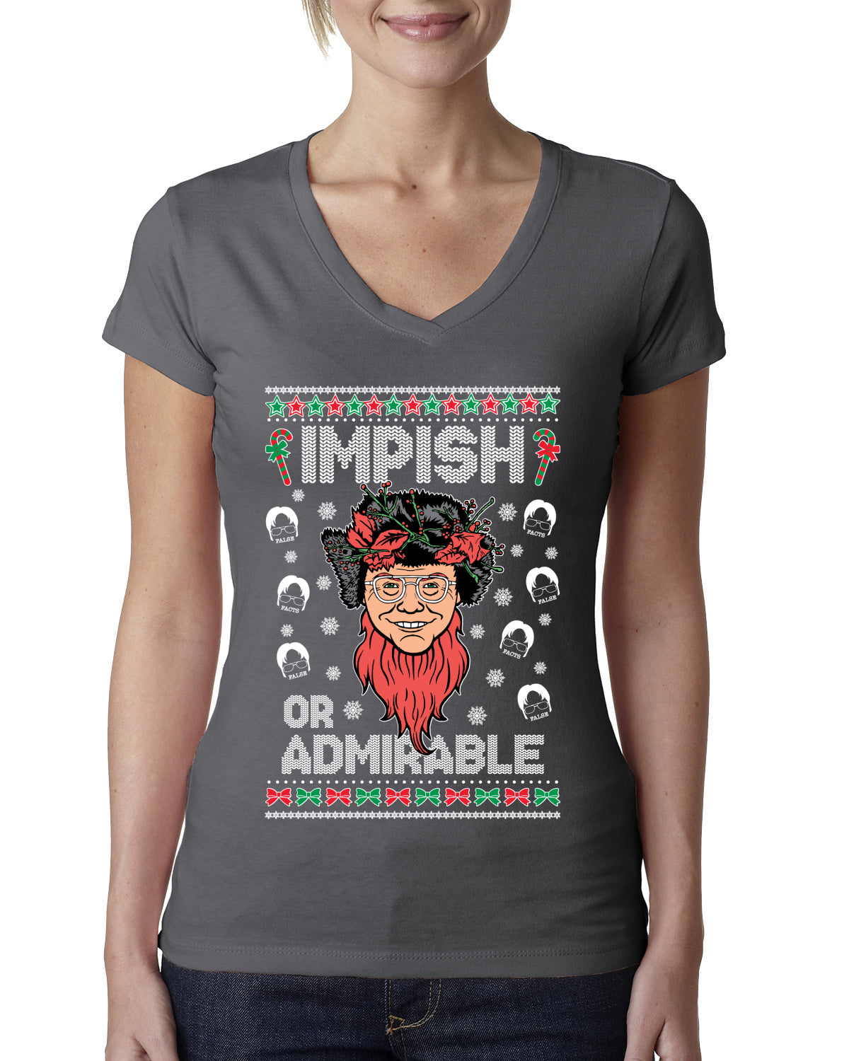 Impish or Admirable Dwight Schrute Ugly Christmas Sweater Womens Junior Fit V-Neck Tee