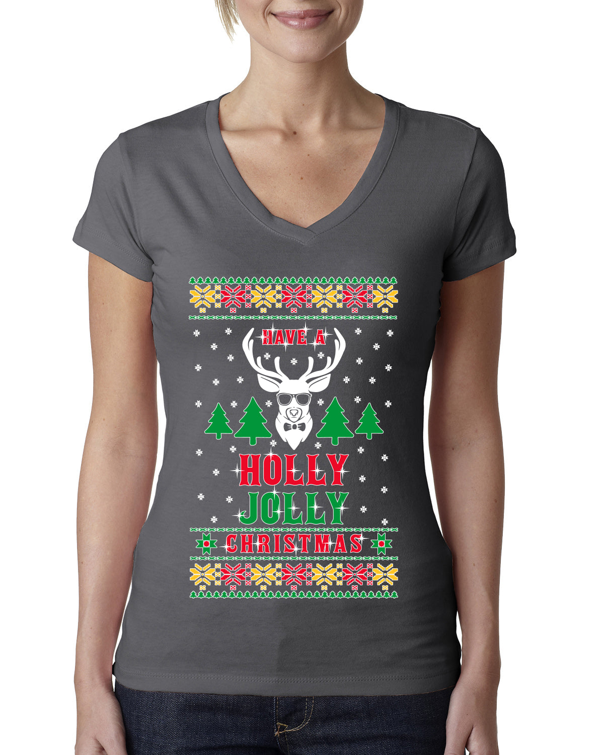 Have A Holly Jolly Christmas Ugly Christmas Sweater Womens Junior Fit V-Neck Tee