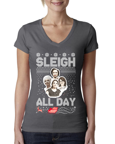 AOC The Squad Congresswomen Sleigh All Day Xmas Ugly Christmas Sweater Womens Junior Fit V-Neck Tee