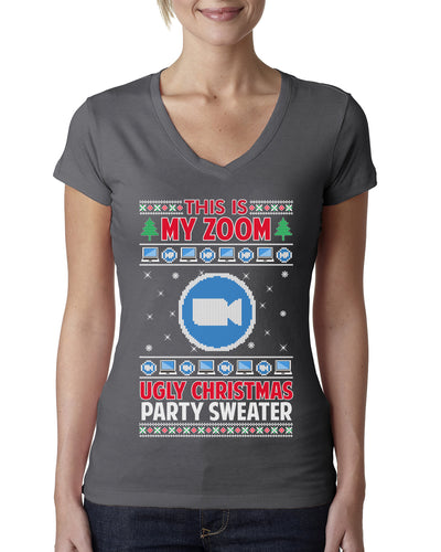 This Is My Zoom Ugly Christmas Party Sweater Ugly Christmas Sweater Womens Junior Fit V-Neck Tee