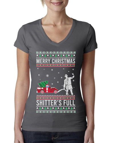 Merry Christmas Shitter's Full Christmas Vacation Ugly Christmas Sweater Womens Junior Fit V-Neck Tee