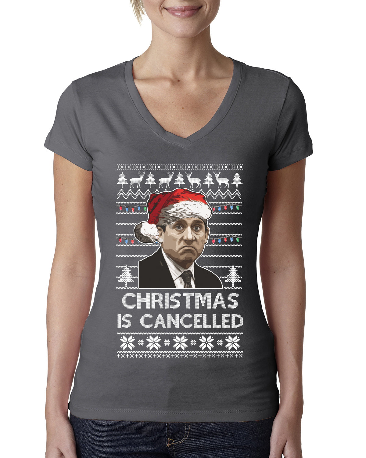 Christmas Is Cancelled Michael Scott Office Ugly Christmas Sweater Womens Junior Fit V-Neck Tee