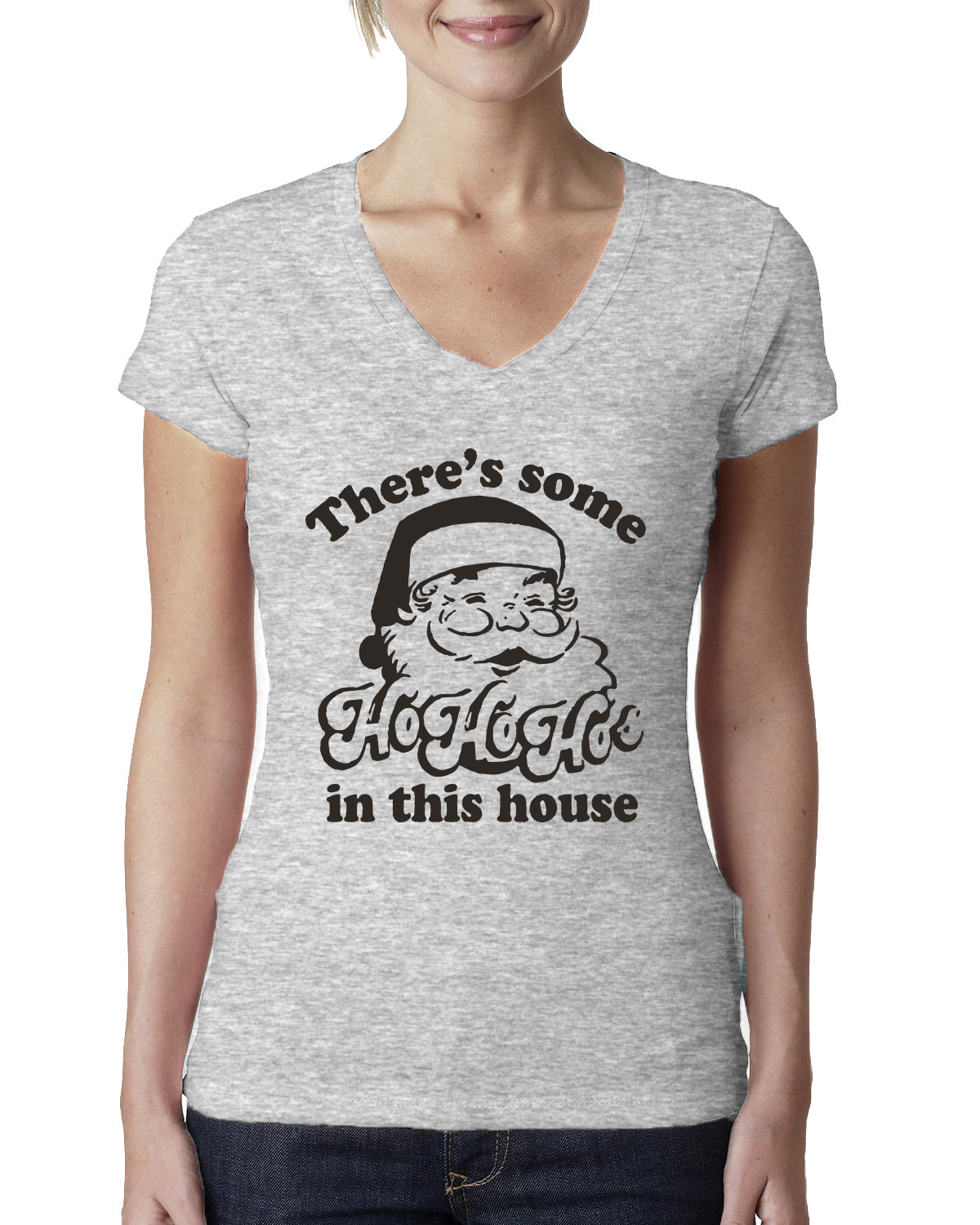 Theres some Ho Ho Ho in this House Ugly Christmas Sweater Womens Junior Fit V-Neck Tee