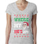 Where my Hos At Santa Funny Ugly Christmas Sweater Womens Junior Fit V-Neck Tee