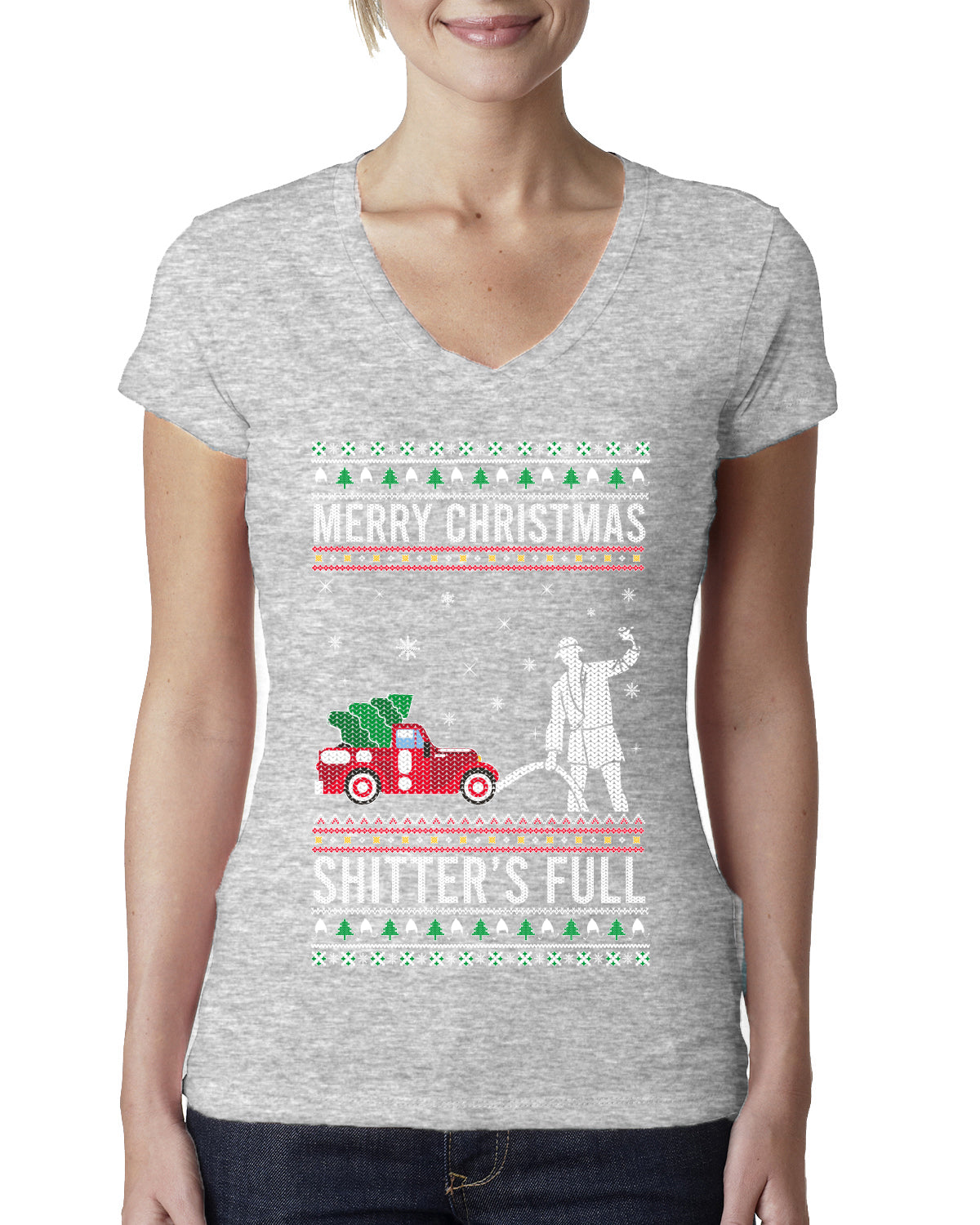 Merry Christmas Shitter's Full Christmas Vacation Ugly Christmas Sweater Womens Junior Fit V-Neck Tee