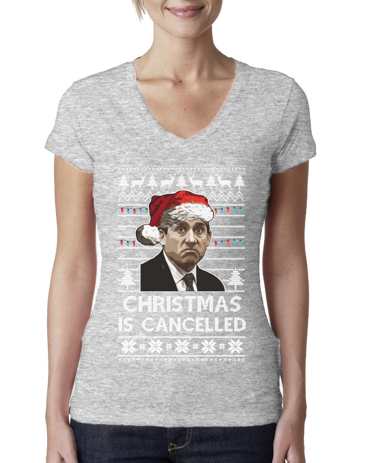 Christmas Is Cancelled Michael Scott Office Ugly Christmas Sweater Womens Junior Fit V-Neck Tee