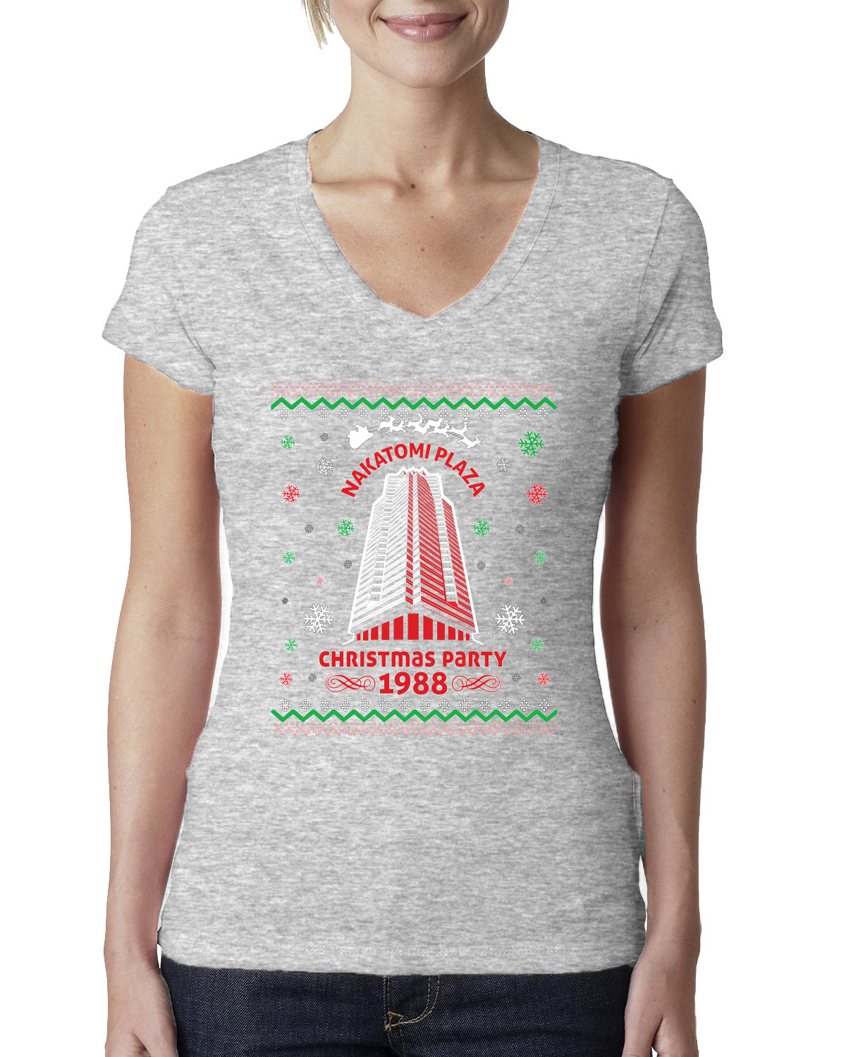 Nakatomi Plaza Christmas Party 1988 Ugly Christmas Sweater Womens Junior Fit V-Neck Tee