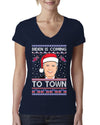 Biden Is Coming To Town Ugly Christmas Sweater Womens Junior Fit V-Neck Tee